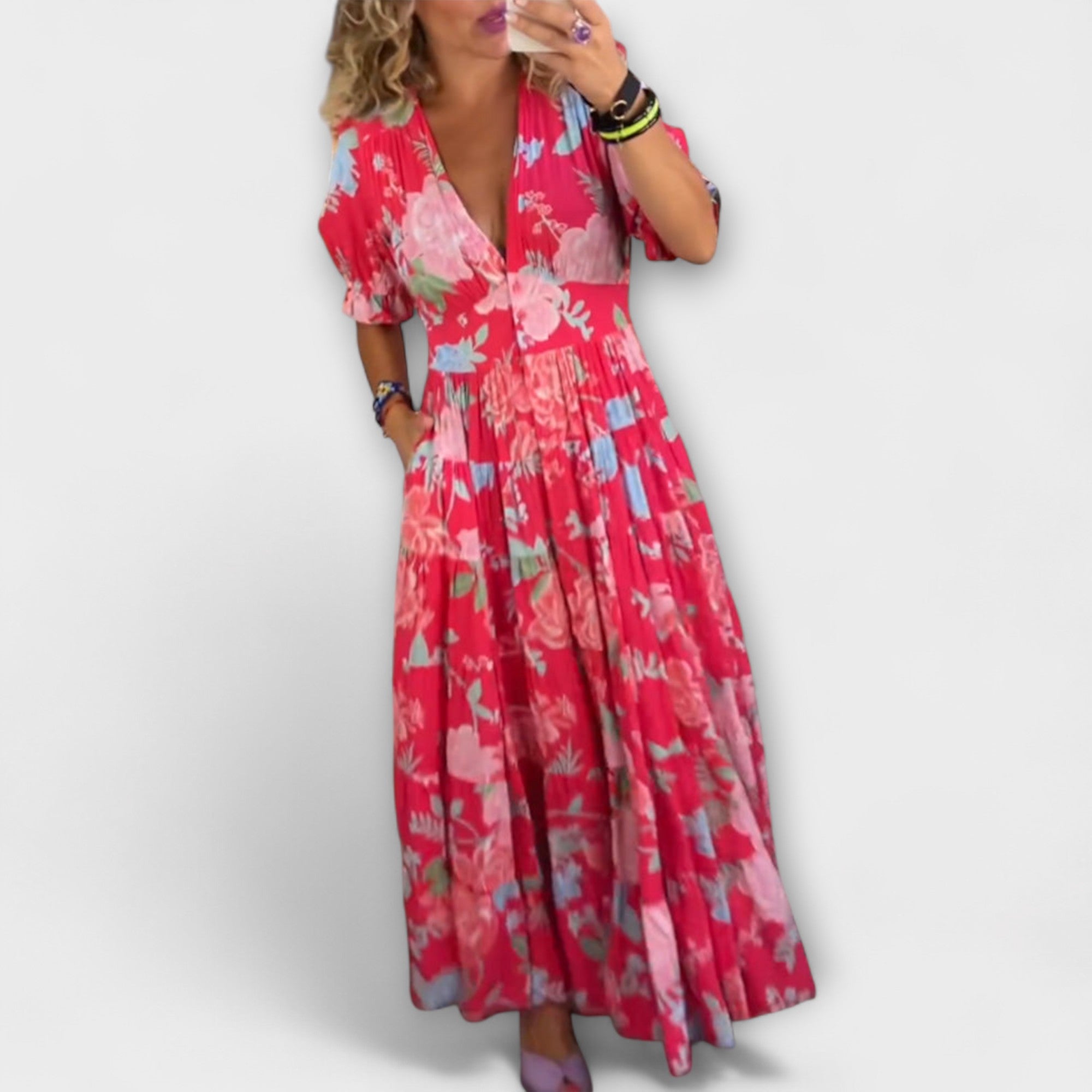 Catrisa - Floral Print V-Ausschnitt Taschenkleid
