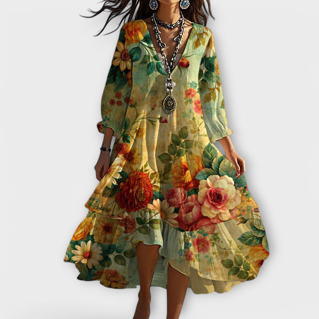 Marina - Vintage Boho Blumenmuster V-Ausschnitt Kleid