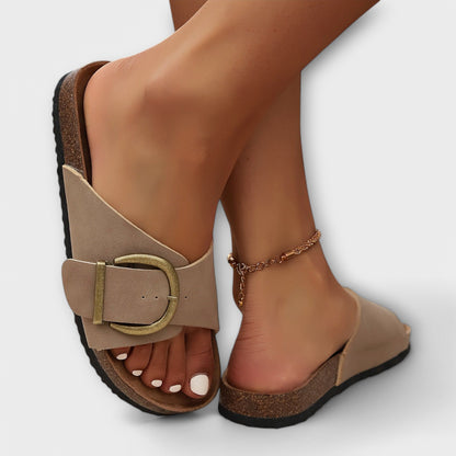 Margie - Damen Kork Pantoletten mit Schnallenriemen Design