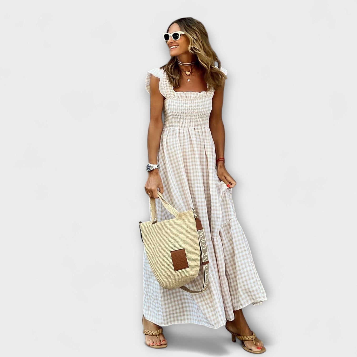 Kariertes Maxikleid mit Rüschensleeves