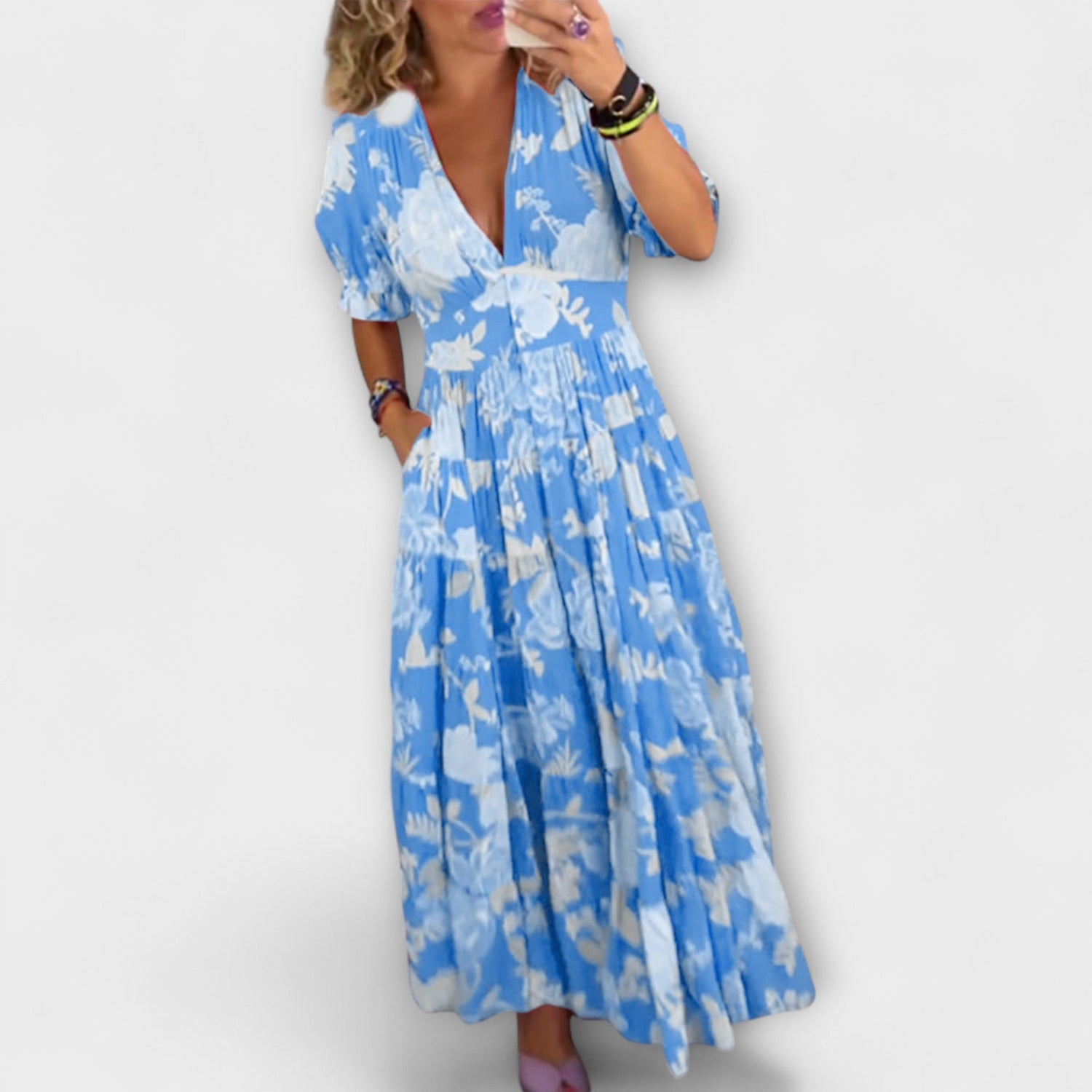 Catrisa - Floral Print V-Ausschnitt Taschenkleid