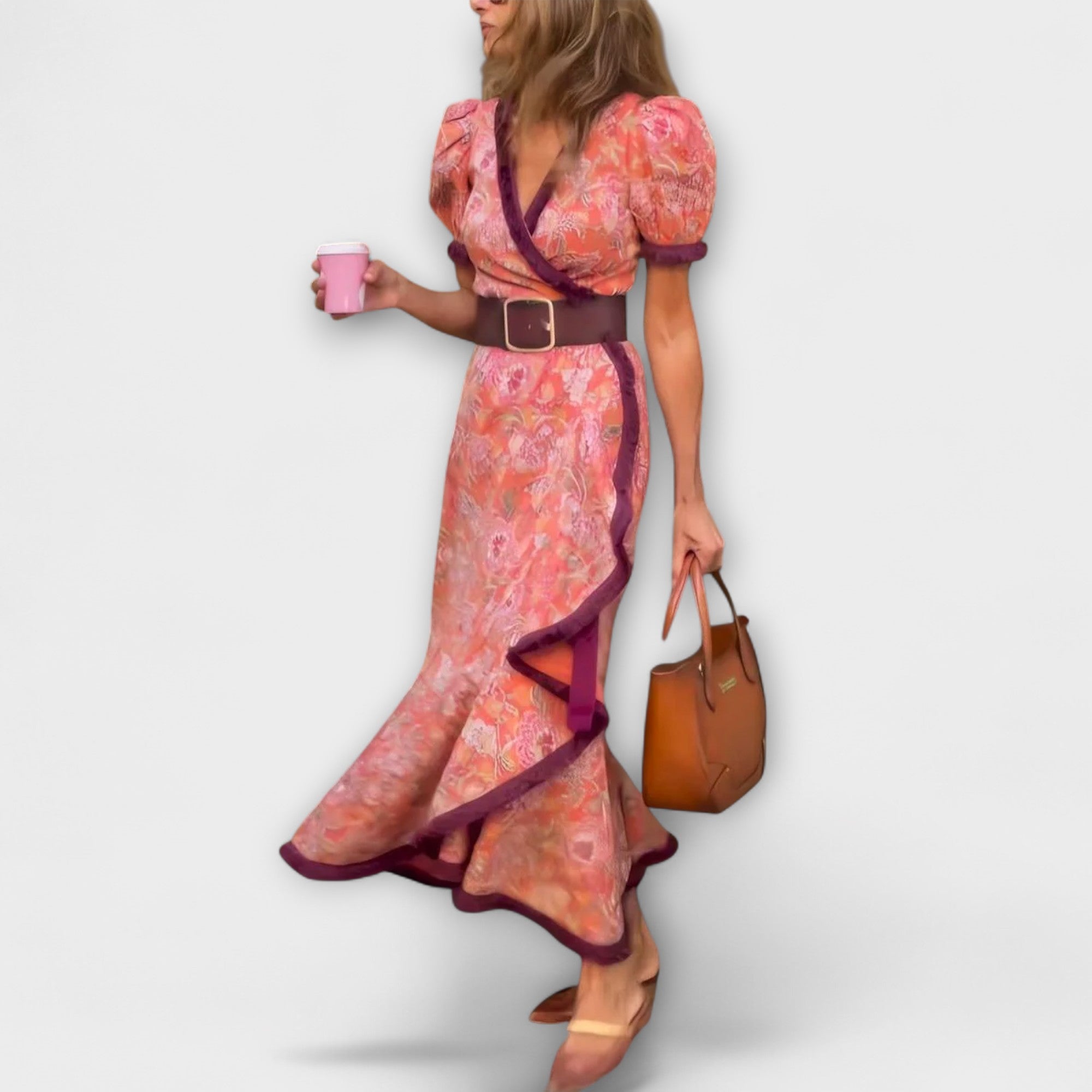 Elegantes Rosa Maxi-Kleid mit kurzen Ärmeln