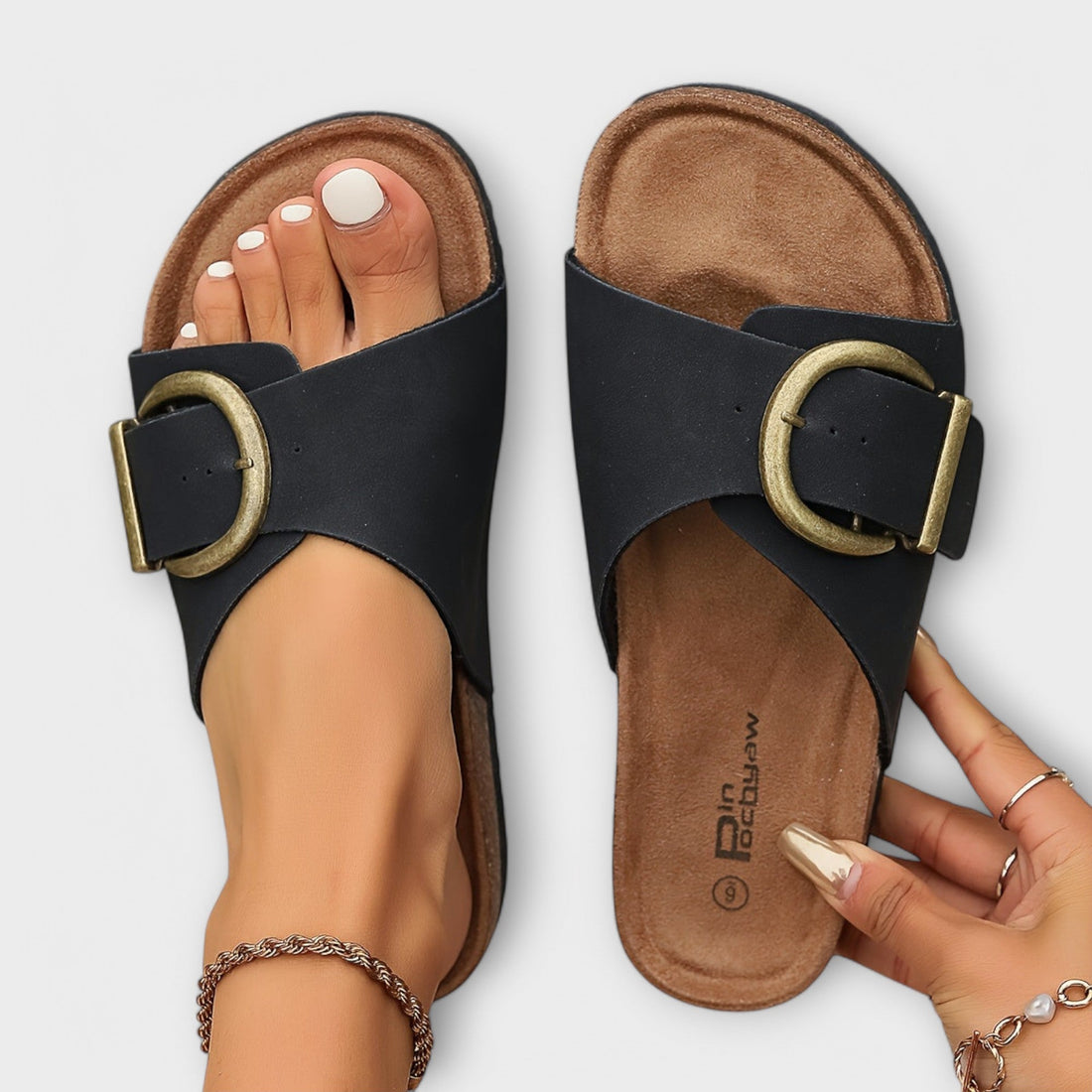 Margie - Damen Kork Pantoletten mit Schnallenriemen Design